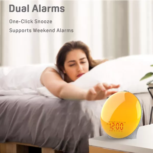 Wake Up Light Sunrise Alarm Clock for Kids Heavy Sleepers Bedroom with Sunrise Simulation Sleep Aid Dual Alarms FM Radio Snooze Nightlight Daylight 7 Colors 7 Natural Sounds Ideal for GiftFabric Light Gray