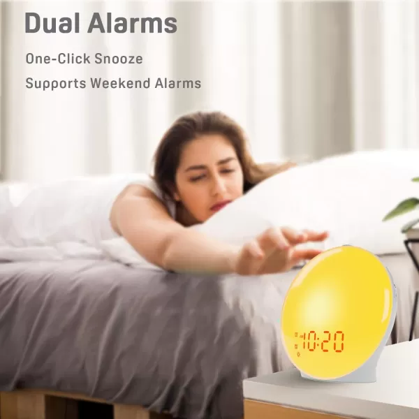 Wake Up Light Sunrise Alarm Clock for Kids Heavy Sleepers Bedroom with Sunrise Simulation Sleep Aid Dual Alarms FM Radio Snooze Nightlight Daylight 7 Colors 7 Natural Sounds Ideal for GiftWhite