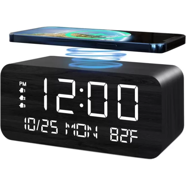 Digital Alarm Clock with Wooden Electronic LED Time Display 3 Alarm Settings 10W Wireless charging Day of the week Temperature Detect Wood Made Digital Clocks for Office Bedroom Bedside BlackBlack