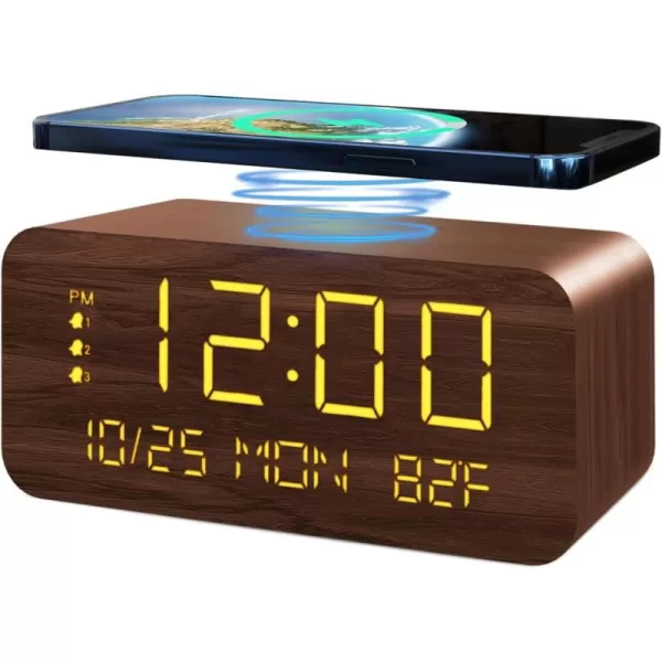 Digital Alarm Clock with Wooden Electronic LED Time Display 3 Alarm Settings 10W Wireless charging Day of the week Temperature Detect Wood Made Digital Clocks for Office Bedroom Bedside BlackBrown