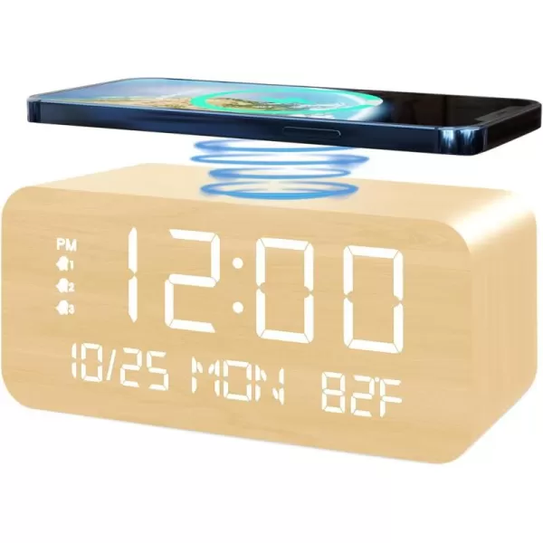 Digital Alarm Clock with Wooden Electronic LED Time Display 3 Alarm Settings 10W Wireless charging Day of the week Temperature Detect Wood Made Digital Clocks for Office Bedroom Bedside BlackYellow