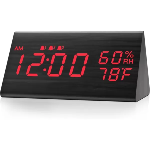 Digital Alarm Clock with Wooden Electronic LED Time Display 3 Alarm Settings Humidity ampamp Temperature Detect Wood Made Electric Clocks for Bedroom Bedside BlackBlack  Red Led