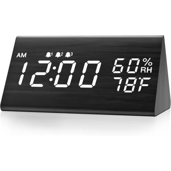 Digital Alarm Clock with Wooden Electronic LED Time Display 3 Alarm Settings Humidity ampamp Temperature Detect Wood Made Electric Clocks for Bedroom Bedside BlackBlack