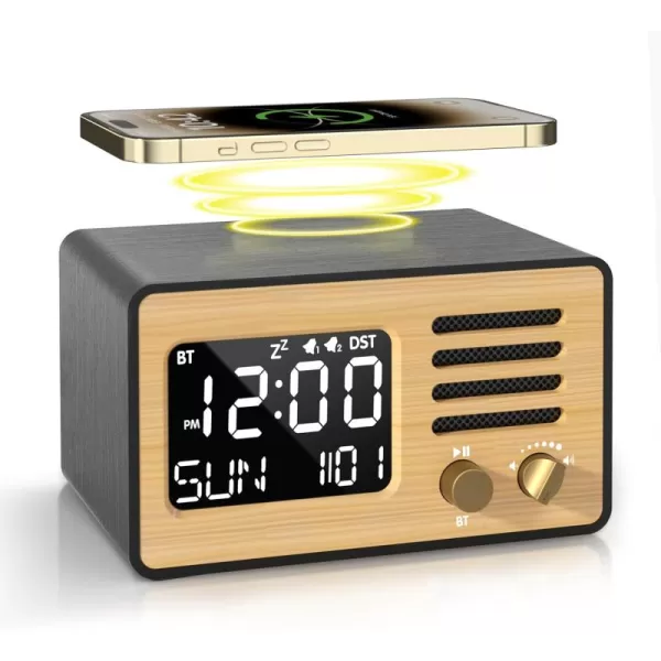 JALL Vintage Retro Digital Alarm Clock Desk Clock with Wireless Charger Station Speakers with Bluetooth Auto DST Auto Dimming USB Port for Bedroom Bedside Wood Dcor