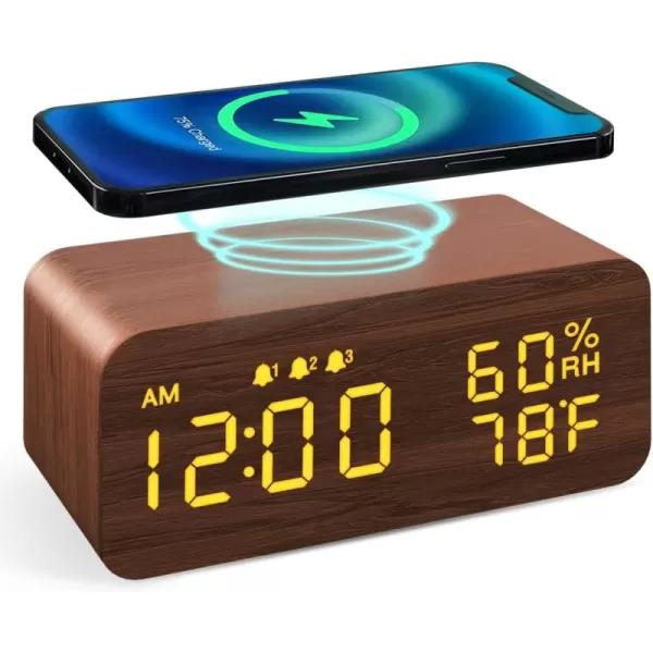 JALL Wooden Digital Alarm Clock with Wireless Charging Dimmable Adjustable Volume 3 Alarms WeekdayWeekend Mode Snooze Digital Clock for Bedroom Bedside Office BlackBrown