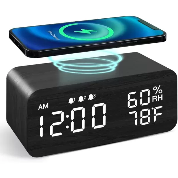 JALL Wooden Digital Alarm Clock with Wireless Charging Dimmable Adjustable Volume 3 Alarms WeekdayWeekend Mode Snooze Digital Clock for Bedroom Bedside Office BlackBlack