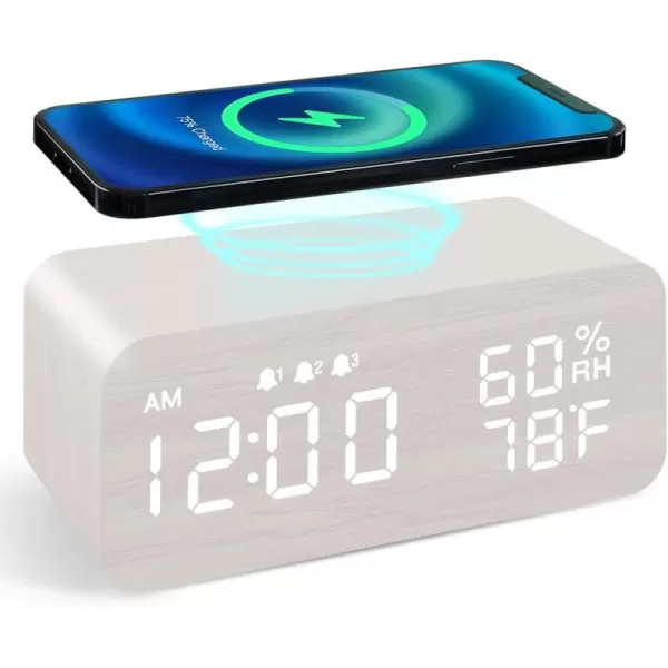 JALL Wooden Digital Alarm Clock with Wireless Charging Dimmable Adjustable Volume 3 Alarms WeekdayWeekend Mode Snooze Digital Clock for Bedroom Bedside Office BlackWhite