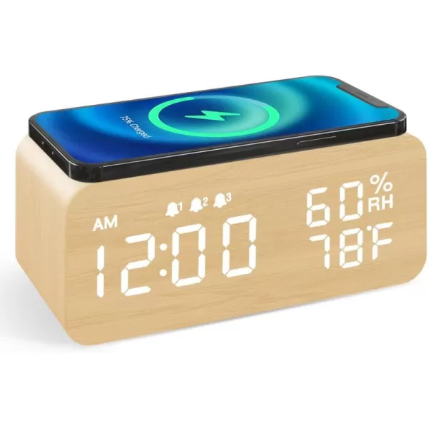 JALL Wooden Digital Alarm Clock with Wireless Charging Dimmable Adjustable Volume 3 Alarms WeekdayWeekend Mode Snooze Digital Clock for Bedroom Bedside Office BlackYellow