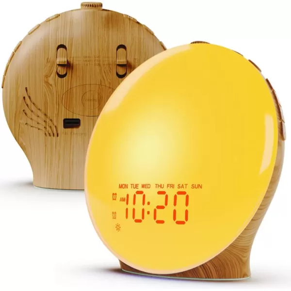 Wake Up Light Sunrise Alarm Clock for Kids Heavy Sleepers Bedroom with Sunrise Simulation Sleep Aid Dual Alarms FM Radio Snooze Nightlight Daylight 7 Colors 7 Natural Sounds Ideal for GiftWood Grain