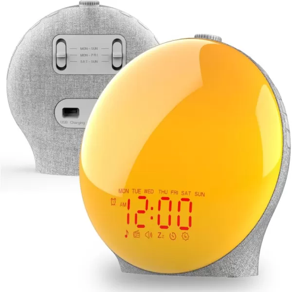 Wake Up Light Sunrise Alarm Clock for Kids Heavy Sleepers Bedroom with Sunrise Simulation Sleep Aid Dual Alarms FM Radio Snooze Nightlight Daylight 7 Colors 7 Natural Sounds Ideal for GiftFabric Light Gray