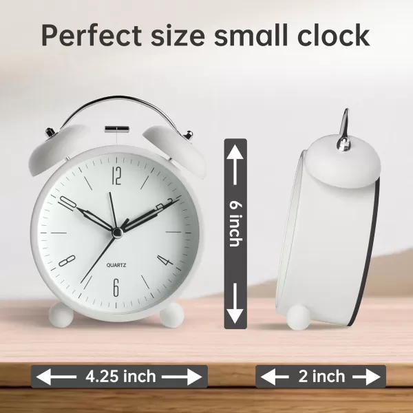 Analog Alarm Clock 4 inch Super Silent Non Ticking Small Clock with Night Light Battery Operated Simple Design Twin Bell Loud Alarm Old Fashioned for Heavy Sleeper Bedroom Bedside Desk White