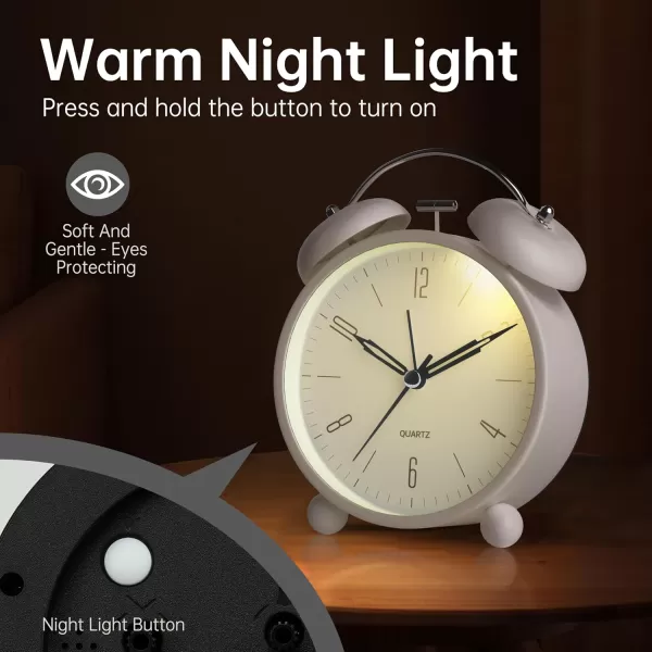 Analog Alarm Clock 4 inch Super Silent Non Ticking Small Clock with Night Light Battery Operated Simple Design Twin Bell Loud Alarm Old Fashioned for Heavy Sleeper Bedroom Bedside Desk White