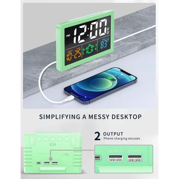 Digital Alarm Clock with 55quot Large LED Time Display Adjustable Alarm Volume 6 Level Brightness Alarm Settings USB Charger Temperature Detect Snooze Clocks for Bedroom Bedside Desk BlackGreen