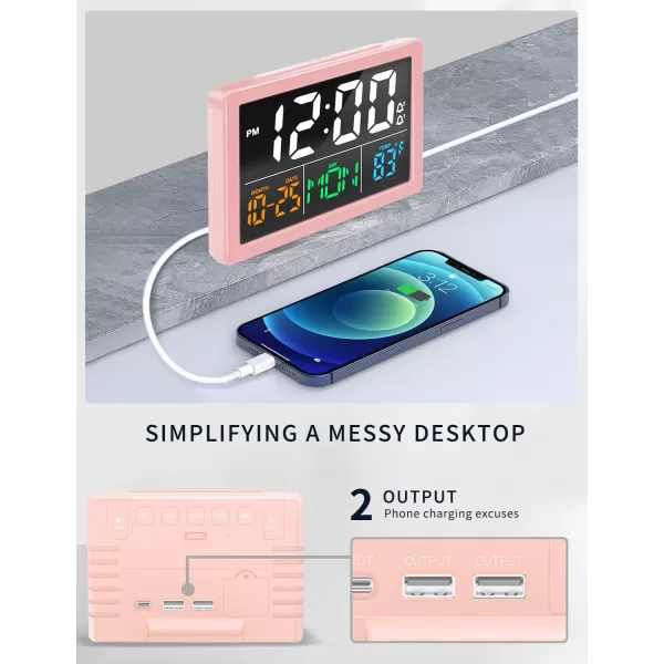 Digital Alarm Clock with 55quot Large LED Time Display Adjustable Alarm Volume 6 Level Brightness Alarm Settings USB Charger Temperature Detect Snooze Clocks for Bedroom Bedside Desk BlackPink