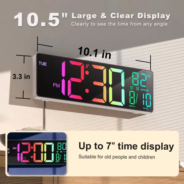 JALL 105 Large Digital Wall Clock with Remote Control Dual Alarm with Big LED Screen Dispaly 8 RGB Colors Auto DST Temperature for Living Room Bedroom Gift for Elderly Black 105 inchesWhite