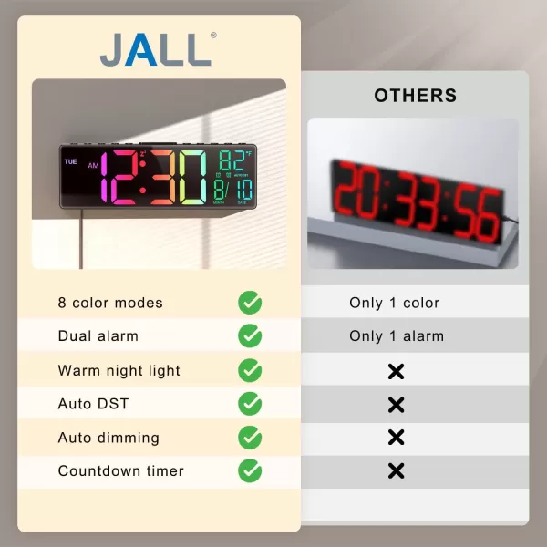 JALL 105 Large Digital Wall Clock with Remote Control Dual Alarm with Big LED Screen Dispaly 8 RGB Colors Auto DST Temperature for Living Room Bedroom Gift for Elderly Black 105 inchesBlack