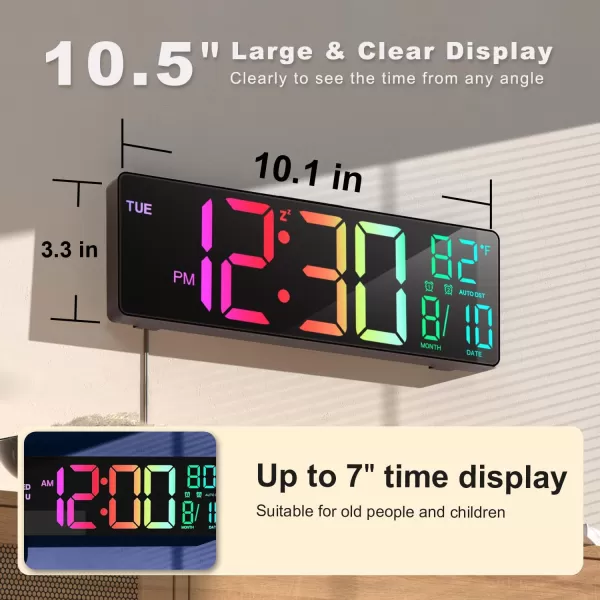 JALL 105 Large Digital Wall Clock with Remote Control Dual Alarm with Big LED Screen Dispaly 8 RGB Colors Auto DST Temperature for Living Room Bedroom Gift for Elderly Black 105 inchesBlack