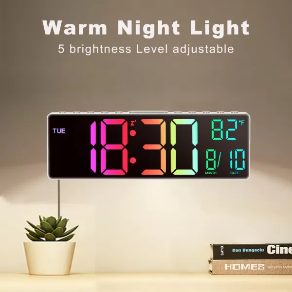 JALL 105 Large Digital Wall Clock with Remote Control Dual Alarm with Big LED Screen Dispaly 8 RGB Colors Auto DST Temperature for Living Room Bedroom Gift for Elderly Black 105 inchesWhite