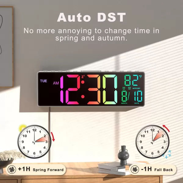 JALL 105 Large Digital Wall Clock with Remote Control Dual Alarm with Big LED Screen Dispaly 8 RGB Colors Auto DST Temperature for Living Room Bedroom Gift for Elderly Black 105 inchesWhite