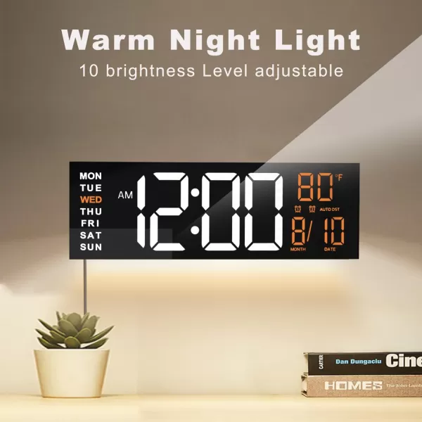 JALL 16quot Large Digital Wall Clock Timer Remote Controll 2 Alarms LED Display 8 RGB Color Auto DST Temperature for Living Room Bedroom Desk Mounted Gift for Elderly White Orange 16 inchesWhite Orange