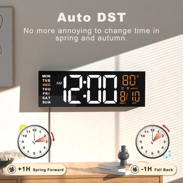 JALL 16quot Large Digital Wall Clock Timer Remote Controll 2 Alarms LED Display 8 RGB Color Auto DST Temperature for Living Room Bedroom Desk Mounted Gift for Elderly White Orange 16 inchesWhite Orange