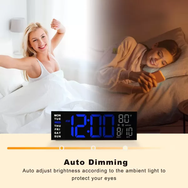 JALL 16quot Large Digital Wall Clock Timer Remote Controll 2 Alarms LED Display 8 RGB Color Auto DST Temperature for Living Room Bedroom Desk Mounted Gift for Elderly White Orange 16 inchesBlue White