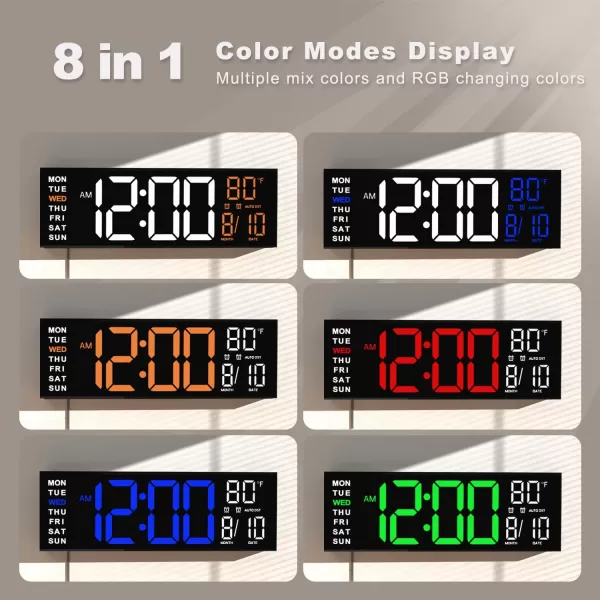 JALL 16quot Large Digital Wall Clock Timer Remote Controll 2 Alarms LED Display 8 RGB Color Auto DST Temperature for Living Room Bedroom Desk Mounted Gift for Elderly White Orange 16 inchesWhite Blue