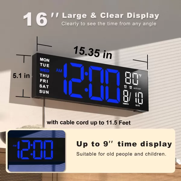 JALL 16quot Large Digital Wall Clock Timer Remote Controll 2 Alarms LED Display 8 RGB Color Auto DST Temperature for Living Room Bedroom Desk Mounted Gift for Elderly White Orange 16 inchesBlue White