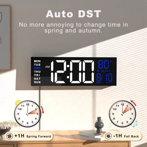 JALL 16quot Large Digital Wall Clock Timer Remote Controll 2 Alarms LED Display 8 RGB Color Auto DST Temperature for Living Room Bedroom Desk Mounted Gift for Elderly White Orange 16 inchesWhite Blue