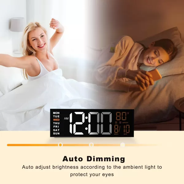 JALL 16quot Large Digital Wall Clock Timer Remote Controll 2 Alarms LED Display 8 RGB Color Auto DST Temperature for Living Room Bedroom Desk Mounted Gift for Elderly White Orange 16 inchesWhite Orange