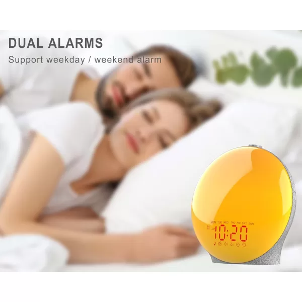 JALL Wake Up Light Sunrise Alarm Clock for Kids Bedroom Full Screen with Sunrise Simulation Dual Alarm FM Radio 15 Nightlights 8 Sounds Sleep TimerFabric Light Gray