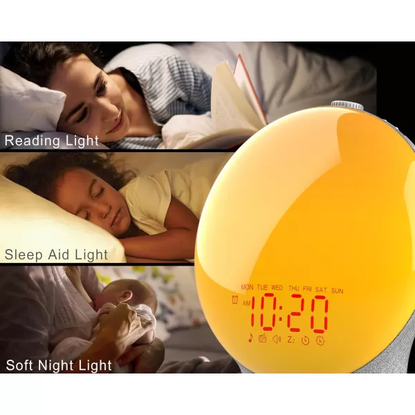 JALL Wake Up Light Sunrise Alarm Clock for Kids Bedroom Full Screen with Sunrise Simulation Dual Alarm FM Radio 15 Nightlights 8 Sounds Sleep TimerFabric Light Gray