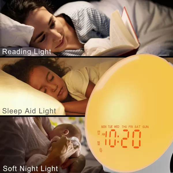 JALL Wake Up Light Sunrise Alarm Clock for Kids Bedroom Full Screen with Sunrise Simulation Dual Alarm FM Radio 15 Nightlights 8 Sounds Sleep TimerWhite