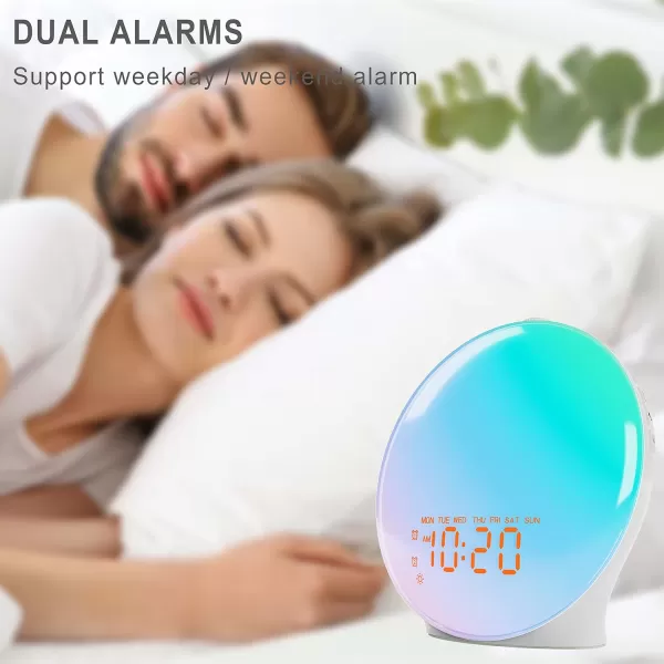 JALL Wake Up Light Sunrise Alarm Clock for Kids Bedroom Full Screen with Sunrise Simulation Dual Alarm FM Radio 15 Nightlights 8 Sounds Sleep TimerWhite