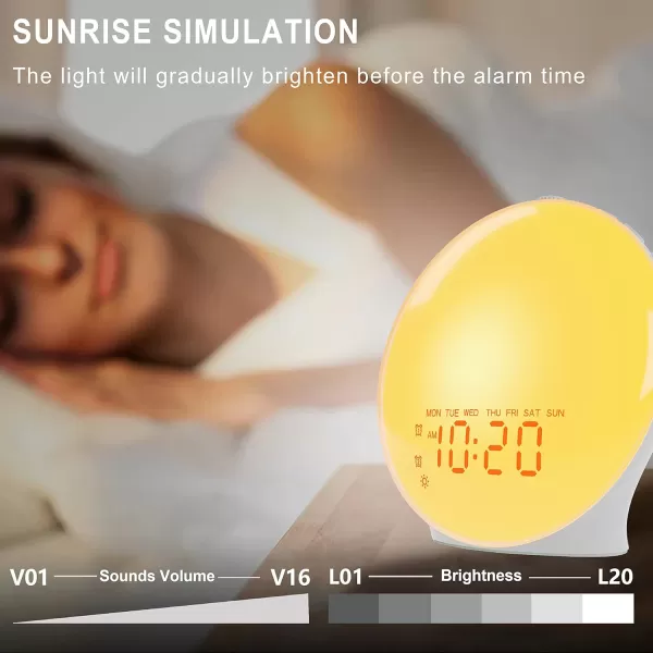 JALL Wake Up Light Sunrise Alarm Clock for Kids Bedroom Full Screen with Sunrise Simulation Dual Alarm FM Radio 15 Nightlights 8 Sounds Sleep TimerWhite