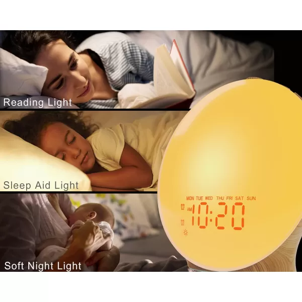 JALL Wake Up Light Sunrise Alarm Clock for Kids Bedroom Full Screen with Sunrise Simulation Dual Alarm FM Radio 15 Nightlights 8 Sounds Sleep TimerWood Grain