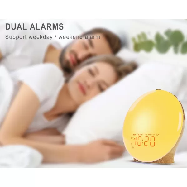 JALL Wake Up Light Sunrise Alarm Clock for Kids Bedroom Full Screen with Sunrise Simulation Dual Alarm FM Radio 15 Nightlights 8 Sounds Sleep TimerWood Grain