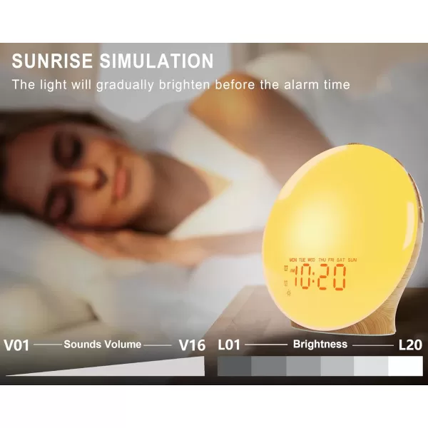 JALL Wake Up Light Sunrise Alarm Clock for Kids Bedroom Full Screen with Sunrise Simulation Dual Alarm FM Radio 15 Nightlights 8 Sounds Sleep TimerWood Grain