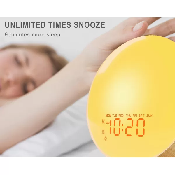 JALL Wake Up Light Sunrise Alarm Clock for Kids Bedroom Full Screen with Sunrise Simulation Dual Alarm FM Radio 15 Nightlights 8 Sounds Sleep TimerWood Grain