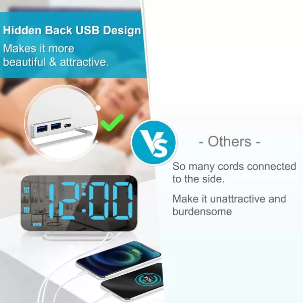 Super Slim LED Digital Alarm Clock Mirror Surface for Makeup with Diming Mode 4 Levels Brightness Large Display Easy Setting Dual USB Ports Modern Decoration for Home Bedroom Decor WhiteWhite  Blue