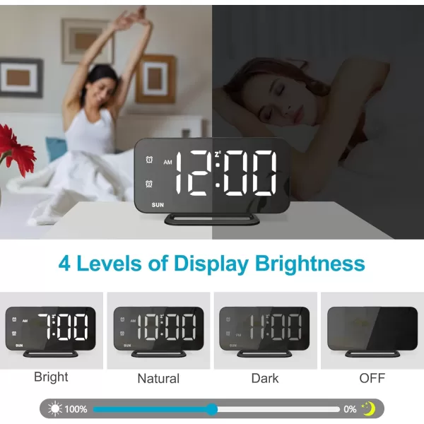 Super Slim LED Digital Alarm Clock Mirror Surface for Makeup with Diming Mode 4 Levels Brightness Large Display Easy Setting Dual USB Ports Modern Decoration for Home Bedroom Decor WhiteBlack