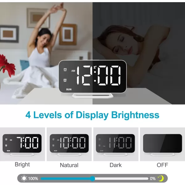 Super Slim LED Digital Alarm Clock Mirror Surface for Makeup with Diming Mode 4 Levels Brightness Large Display Easy Setting Dual USB Ports Modern Decoration for Home Bedroom Decor WhiteWhite