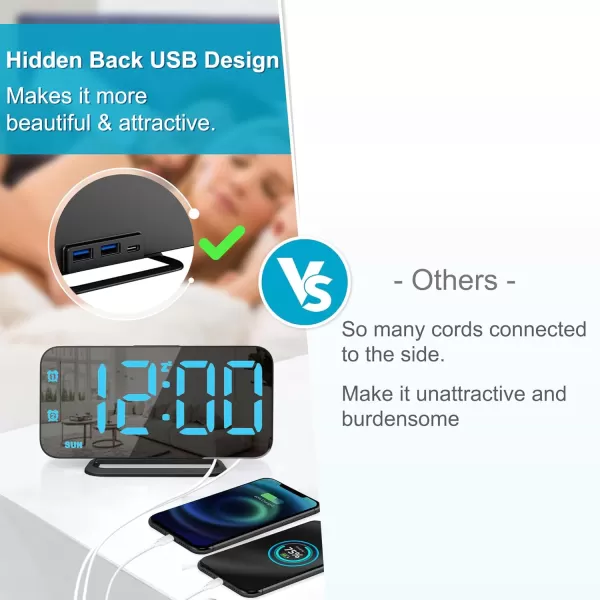 Super Slim LED Digital Alarm Clock Mirror Surface for Makeup with Diming Mode 4 Levels Brightness Large Display Easy Setting Dual USB Ports Modern Decoration for Home Bedroom Decor WhiteBlack  Blue