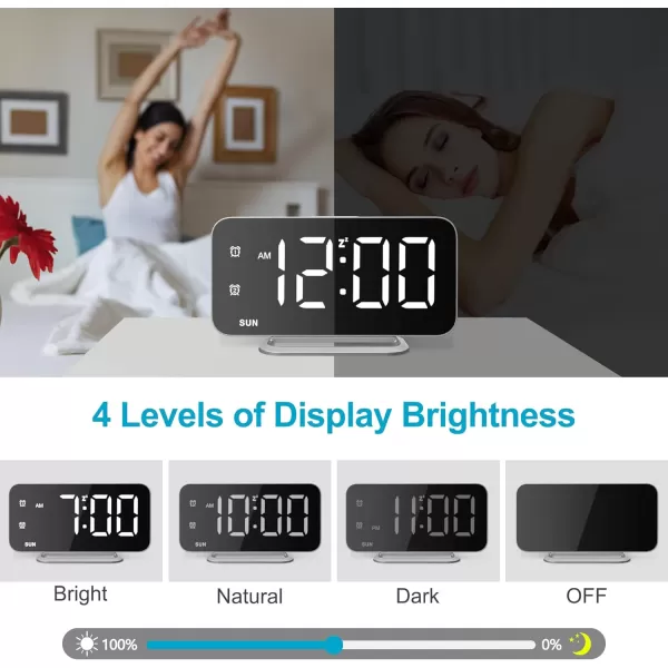 Super Slim LED Digital Alarm Clock Mirror Surface for Makeup with Diming Mode 4 Levels Brightness Large Display Easy Setting Dual USB Ports Modern Decoration for Home Bedroom Decor WhiteSilver