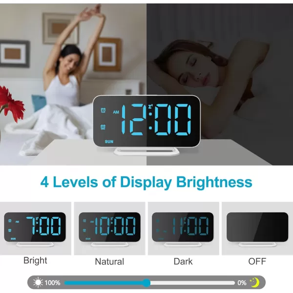 Super Slim LED Digital Alarm Clock Mirror Surface for Makeup with Diming Mode 4 Levels Brightness Large Display Easy Setting Dual USB Ports Modern Decoration for Home Bedroom Decor WhiteBlack  Blue