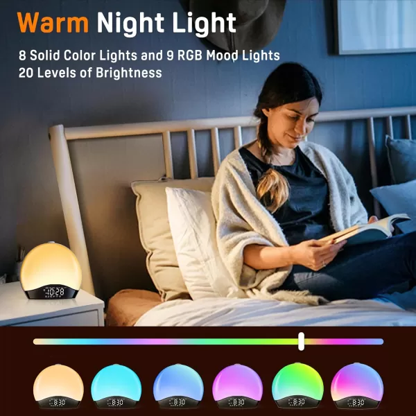 Wake Up Light Sunrise Alarm Clock for Kids Heavy Sleepers Bedroom Bluetooth Speaker Sound Machine with 22 Natural Sounds White Noise Dual Alarms FM Radio 17 Color Night Lights Ideal for Gift