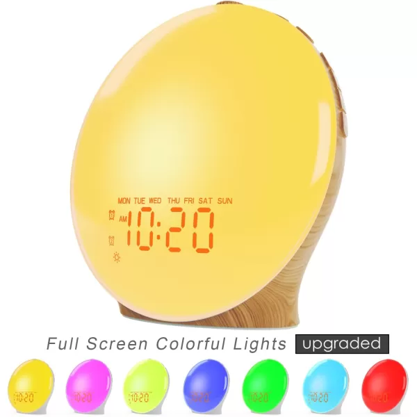 Wake Up Light Sunrise Alarm Clock for Kids Heavy Sleepers Bedroom Full Screen with SunriseSunset Simulation Fall Asleep Dual Alarms FM Radio Colorful Nihgt Lights Natural Sounds Wood Grain