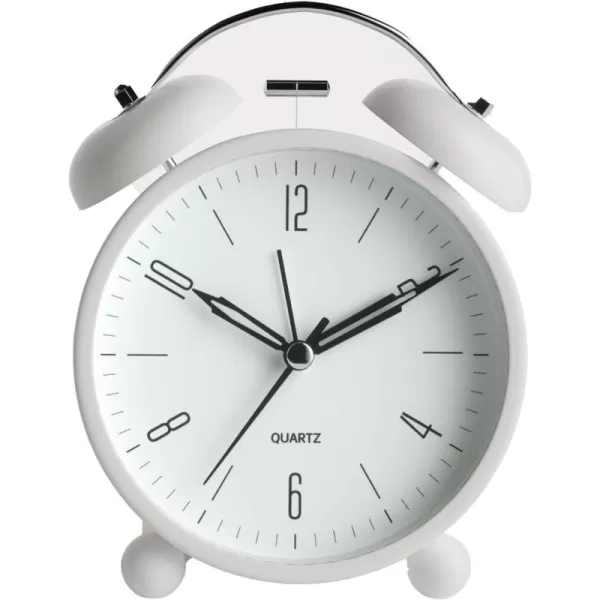 Analog Alarm Clock 4 inch Super Silent Non Ticking Small Clock with Night Light Battery Operated Simple Design Twin Bell Loud Alarm Old Fashioned for Heavy Sleeper Bedroom Bedside Desk White