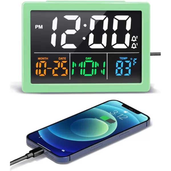 Digital Alarm Clock with 55quot Large LED Time Display Adjustable Alarm Volume 6 Level Brightness Alarm Settings USB Charger Temperature Detect Snooze Clocks for Bedroom Bedside Desk BlackGreen