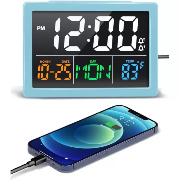 Digital Alarm Clock with 55quot Large LED Time Display Adjustable Alarm Volume 6 Level Brightness Alarm Settings USB Charger Temperature Detect Snooze Clocks for Bedroom Bedside Desk BlackBlue